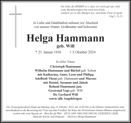 Traueranzeige von Helga Hammann von Gelnhäuser Neue Zeitung