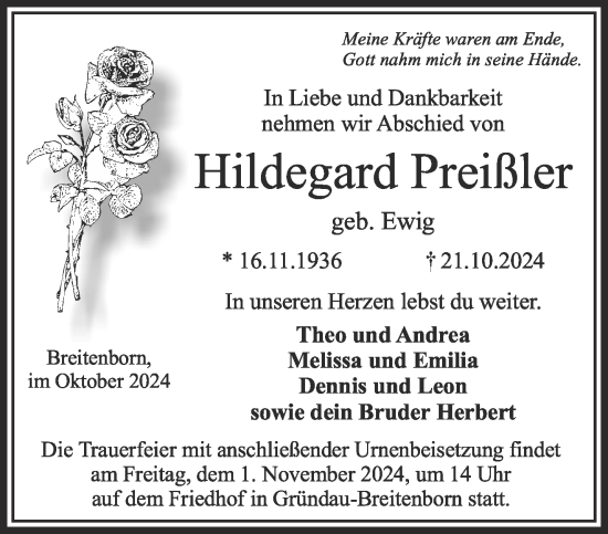 Traueranzeige von Hildegard Preißler von Mittelhessen-Bote