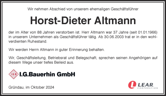 Traueranzeige von Horst-Dieter Altmann von Mittelhessen-Bote