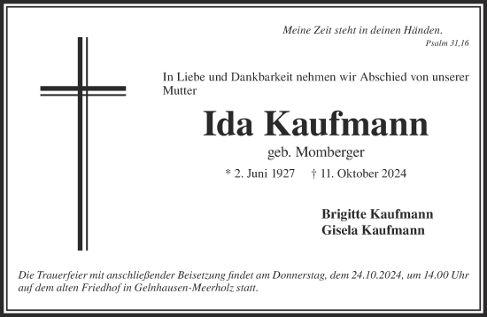 Traueranzeige von Ida Kaufmann von Gelnhäuser Neue Zeitung