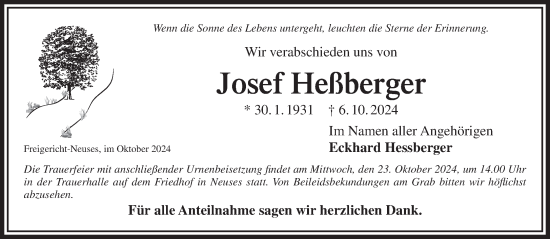 Traueranzeige von Josef Heßberger von Gelnhäuser Neue Zeitung