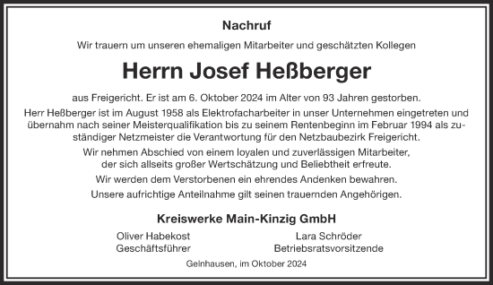 Traueranzeige von Josef Heßberger von Gelnhäuser Neue Zeitung