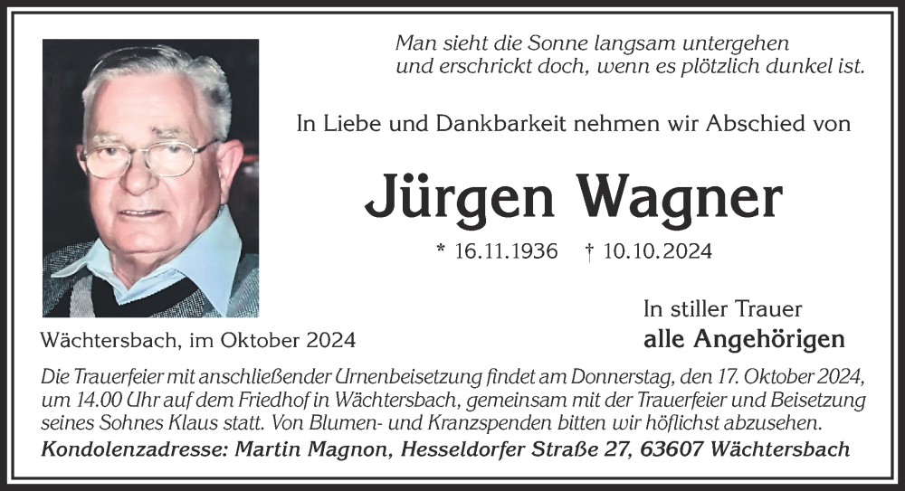  Traueranzeige für Jürgen Wagner vom 12.10.2024 aus Gelnhäuser Neue Zeitung