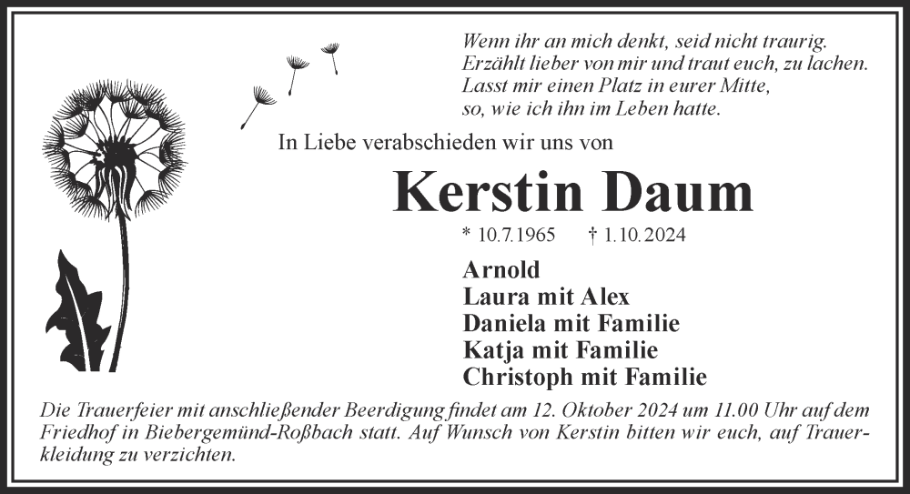  Traueranzeige für Kerstin Daum vom 12.10.2024 aus Mittelhessen-Bote