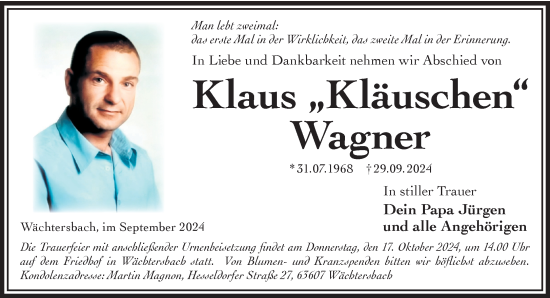 Traueranzeige von Klaus Wagner von Gelnhäuser Neue Zeitung