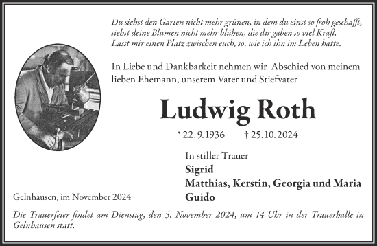 Traueranzeige von Ludwig Roth von Gelnhäuser Neue Zeitung