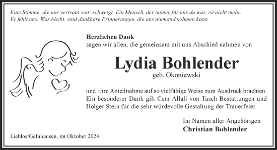 Traueranzeige von Lydia Bohlender von Gelnhäuser Neue Zeitung