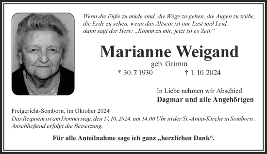 Traueranzeige von Marianne Weigand von Gelnhäuser Neue Zeitung