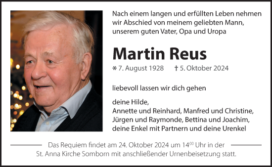 Traueranzeige von Martin Reus von Gelnhäuser Neue Zeitung