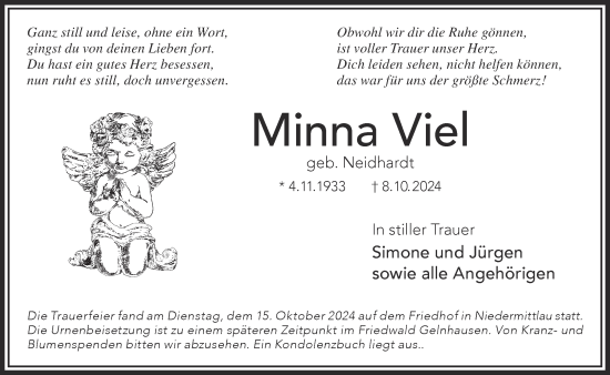 Traueranzeige von Minna Viel von Mittelhessen-Bote