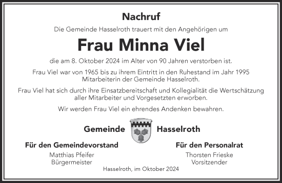 Traueranzeige von Minna Viel von Gelnhäuser Neue Zeitung