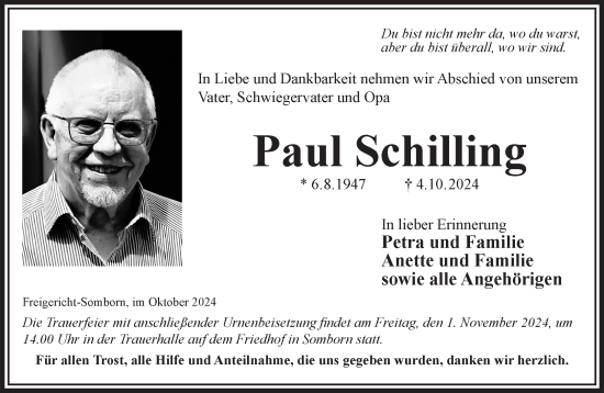 Traueranzeige von Paul Schilling von Gelnhäuser Neue Zeitung