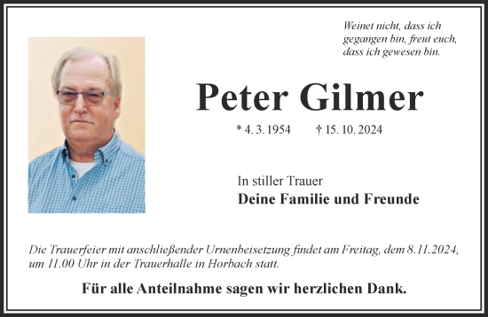 Traueranzeige von Peter Gilmer von Gelnhäuser Neue Zeitung