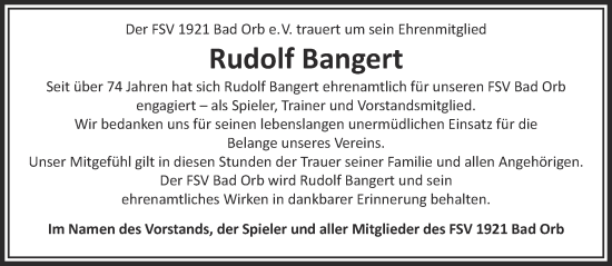 Traueranzeige von Rudolf Bangert von Gelnhäuser Neue Zeitung