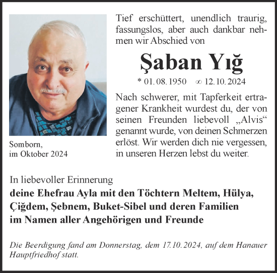 Traueranzeige von Saban Yig von Mittelhessen-Bote