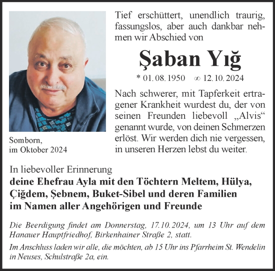 Traueranzeige von Saban Yig von Gelnhäuser Neue Zeitung