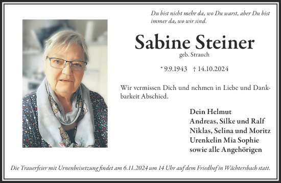 Traueranzeige von Sabine Steiner von Gelnhäuser Neue Zeitung