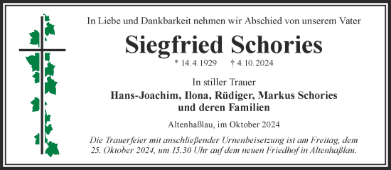 Traueranzeige von Siegfried Schories von Gelnhäuser Neue Zeitung