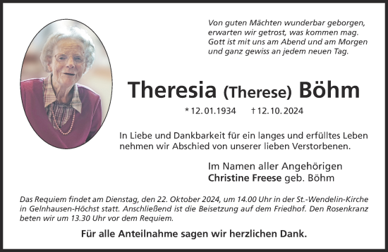 Traueranzeige von Therese Böhm von Mittelhessen-Bote