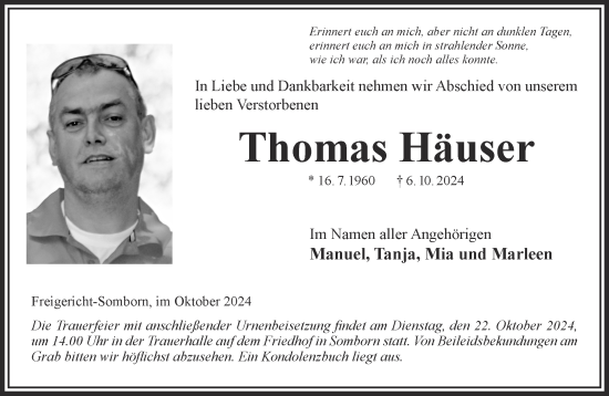 Traueranzeige von Thomas Häuser von Gelnhäuser Neue Zeitung