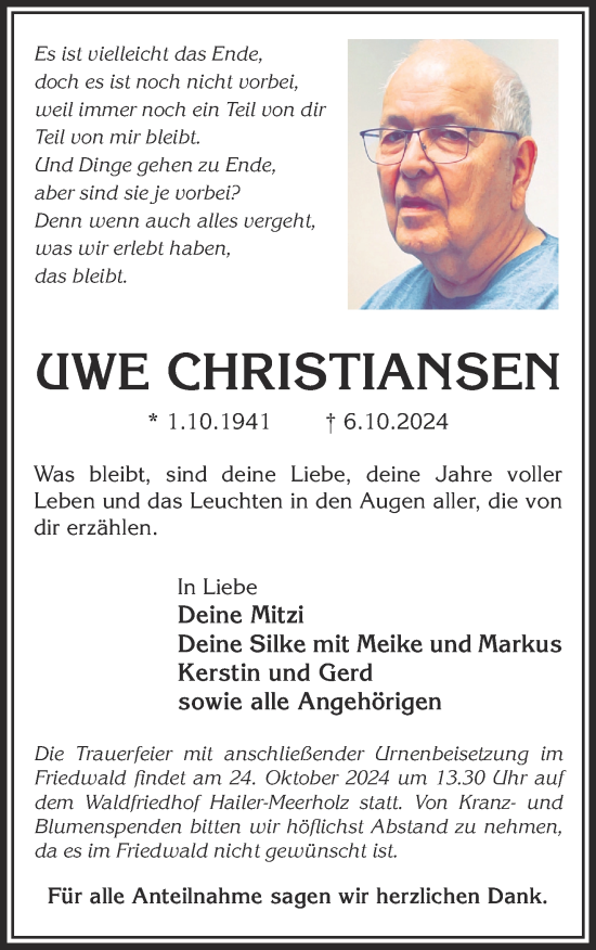 Traueranzeige von Uwe Christiansen von Gelnhäuser Neue Zeitung