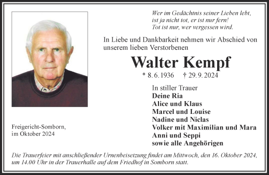 Traueranzeige von Walter Kempf von Gelnhäuser Neue Zeitung