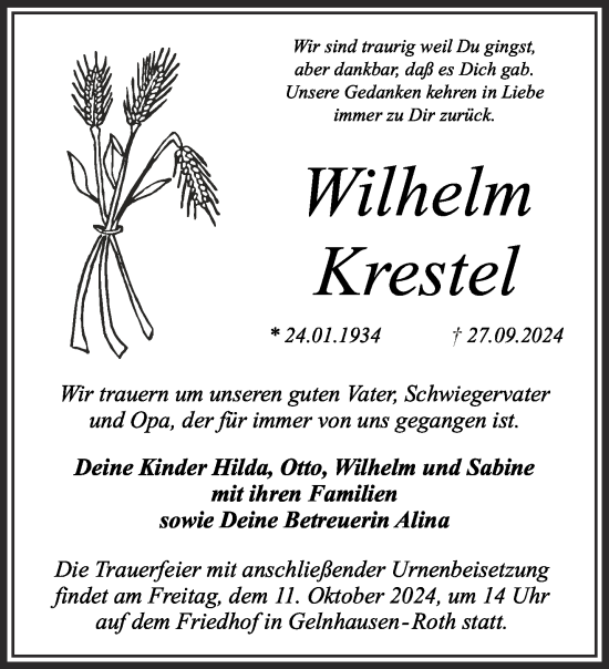 Traueranzeige von Wilhelm Krestel von Gelnhäuser Neue Zeitung