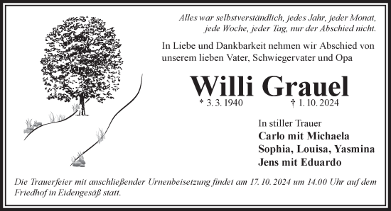 Traueranzeige von Willi Grauel von Gelnhäuser Neue Zeitung