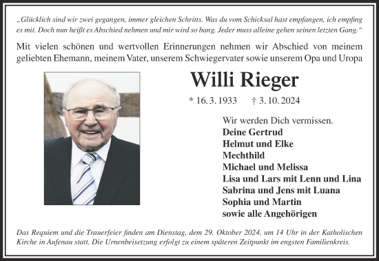 Traueranzeige von Willi Rieger von Gelnhäuser Neue Zeitung