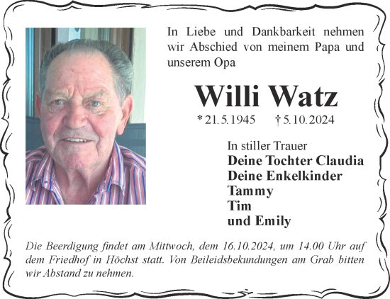 Traueranzeige von Willi Watz von Gelnhäuser Neue Zeitung