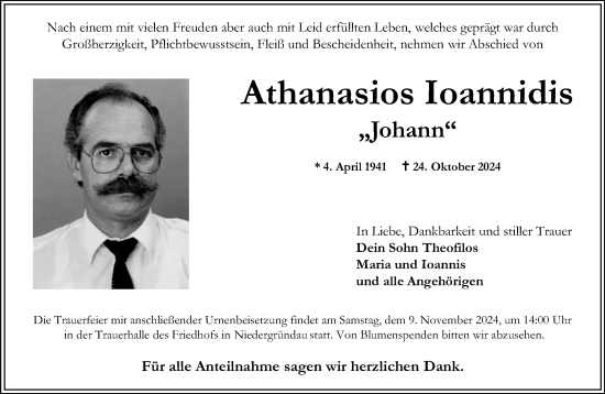 Traueranzeige von Athanasios Ioannidis von Gelnhäuser Neue Zeitung