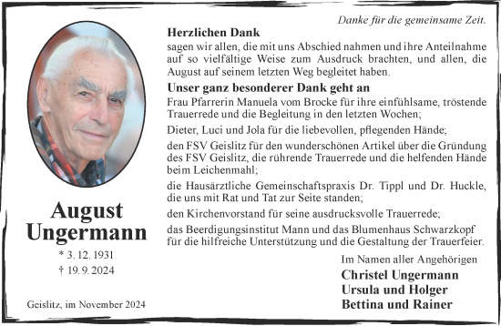 Traueranzeige von August Ungermann von Gelnhäuser Neue Zeitung