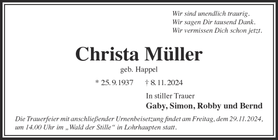 Traueranzeige von Christa Müller von Gelnhäuser Neue Zeitung