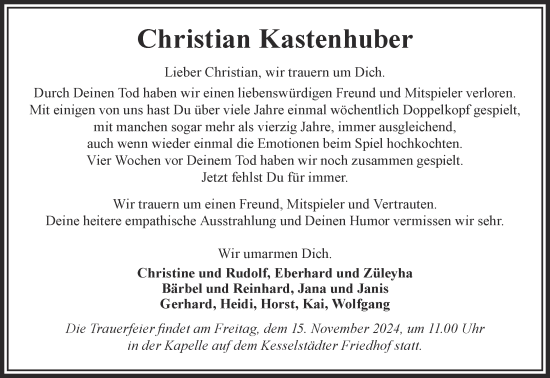 Traueranzeige von Christian Kastenhuber von Gelnhäuser Neue Zeitung