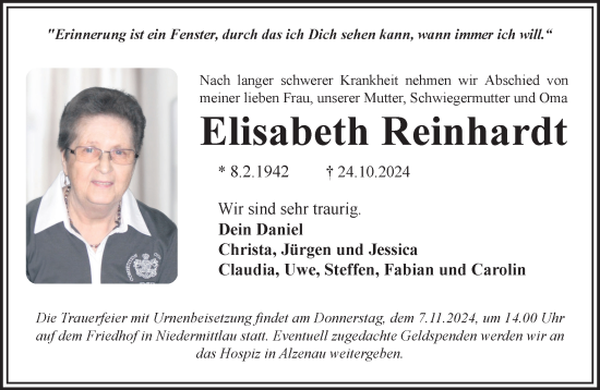 Traueranzeige von Elisabeth Reinhardt von Gelnhäuser Neue Zeitung