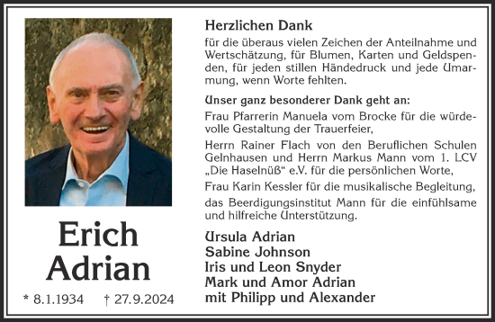 Traueranzeige von Erich Adrian von Gelnhäuser Neue Zeitung