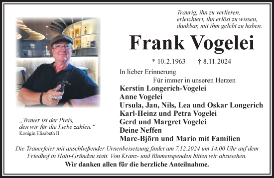 Traueranzeige von Frank Vogelei von Gelnhäuser Neue Zeitung