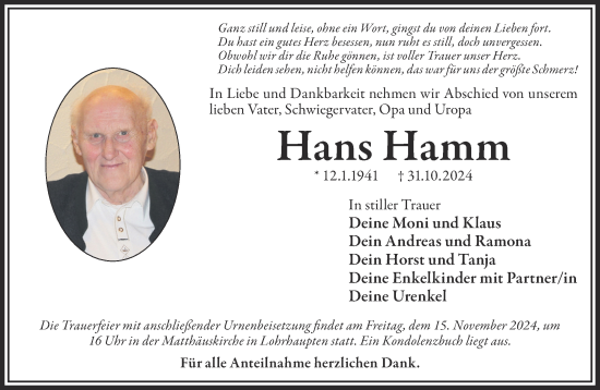 Traueranzeige von Hans Hamm von Gelnhäuser Neue Zeitung