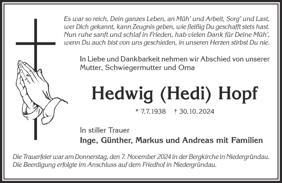 Traueranzeige von Hedwig Hopf von Mittelhessen-Bote