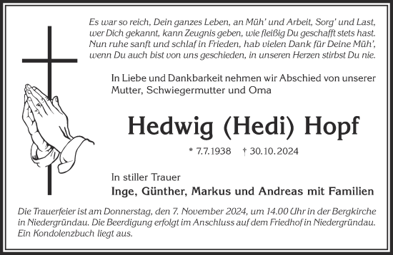 Traueranzeige von Hedwig Hopf von Gelnhäuser Neue Zeitung