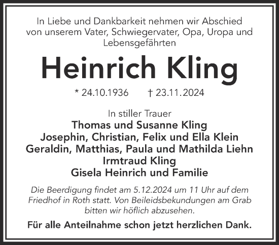 Traueranzeige von Heinrich Kling von Gelnhäuser Neue Zeitung