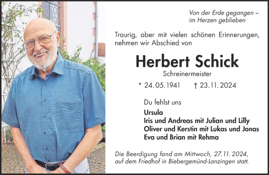 Traueranzeige von Herbert Schick von Mittelhessen-Bote