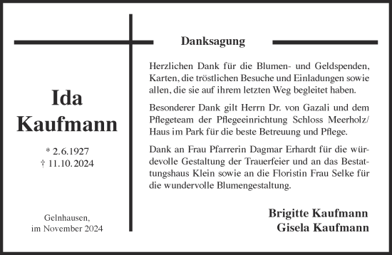 Traueranzeige von Ida Kaufmann von Gelnhäuser Neue Zeitung