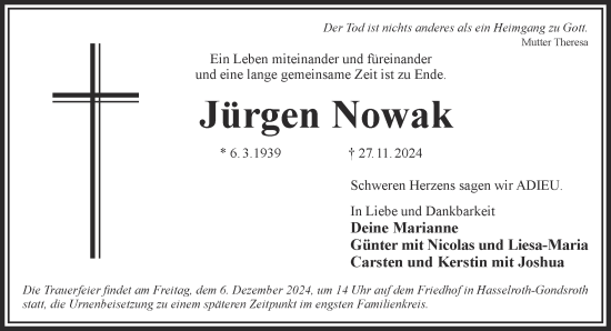 Traueranzeige von Jürgen Nowak von Gelnhäuser Neue Zeitung