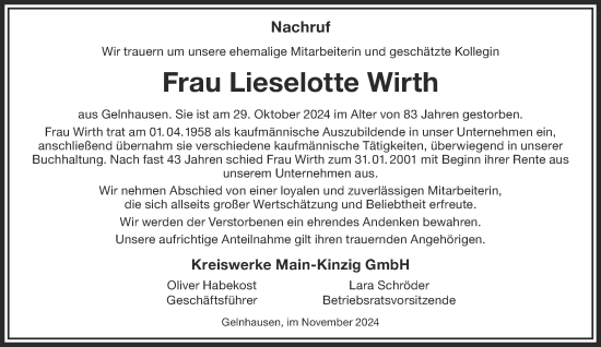 Traueranzeige von Lieselotte Wirth von Gelnhäuser Neue Zeitung