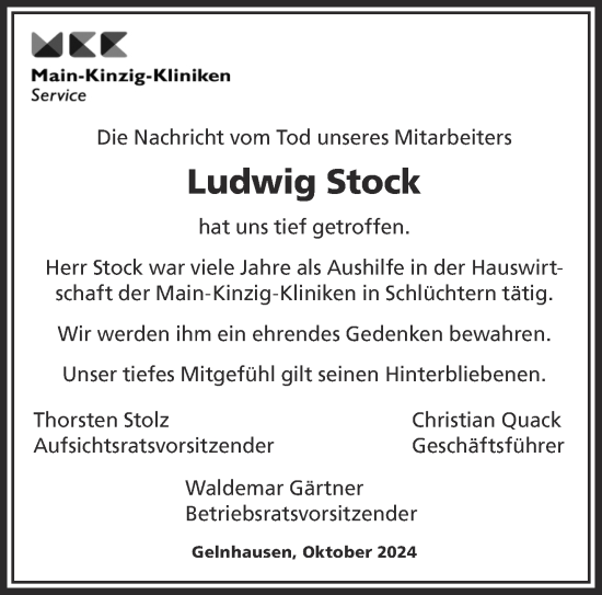Traueranzeige von Ludwig Stock von Mittelhessen-Bote