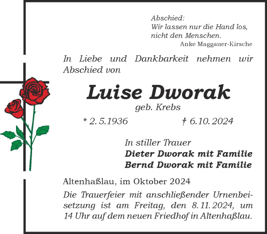 Traueranzeige von Luise Dworak von Mittelhessen-Bote