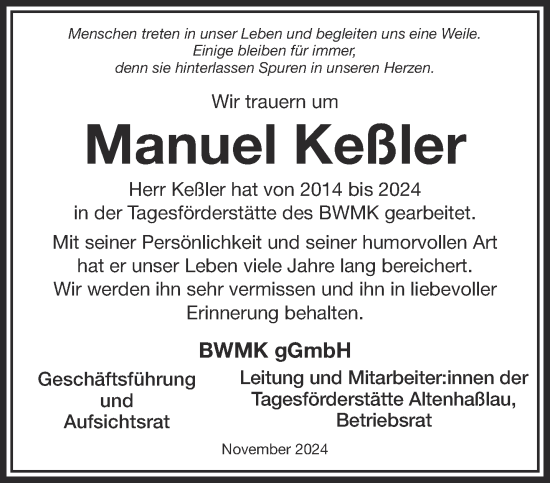 Traueranzeige von Manuel Keßler von Mittelhessen-Bote