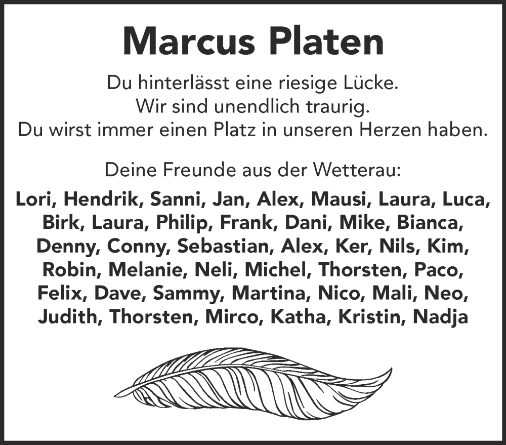  Traueranzeige für Marcus Platen vom 16.11.2024 aus Mittelhessen-Bote