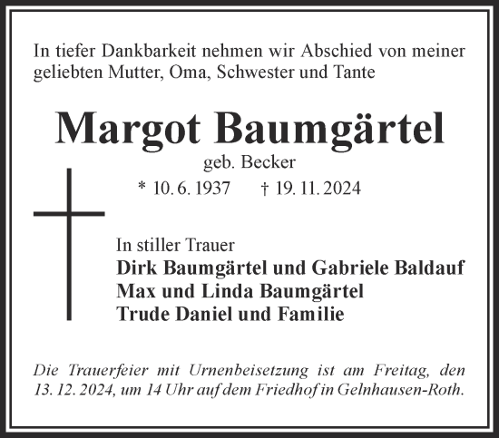 Traueranzeige von Margot Baumgärtel von Gelnhäuser Neue Zeitung